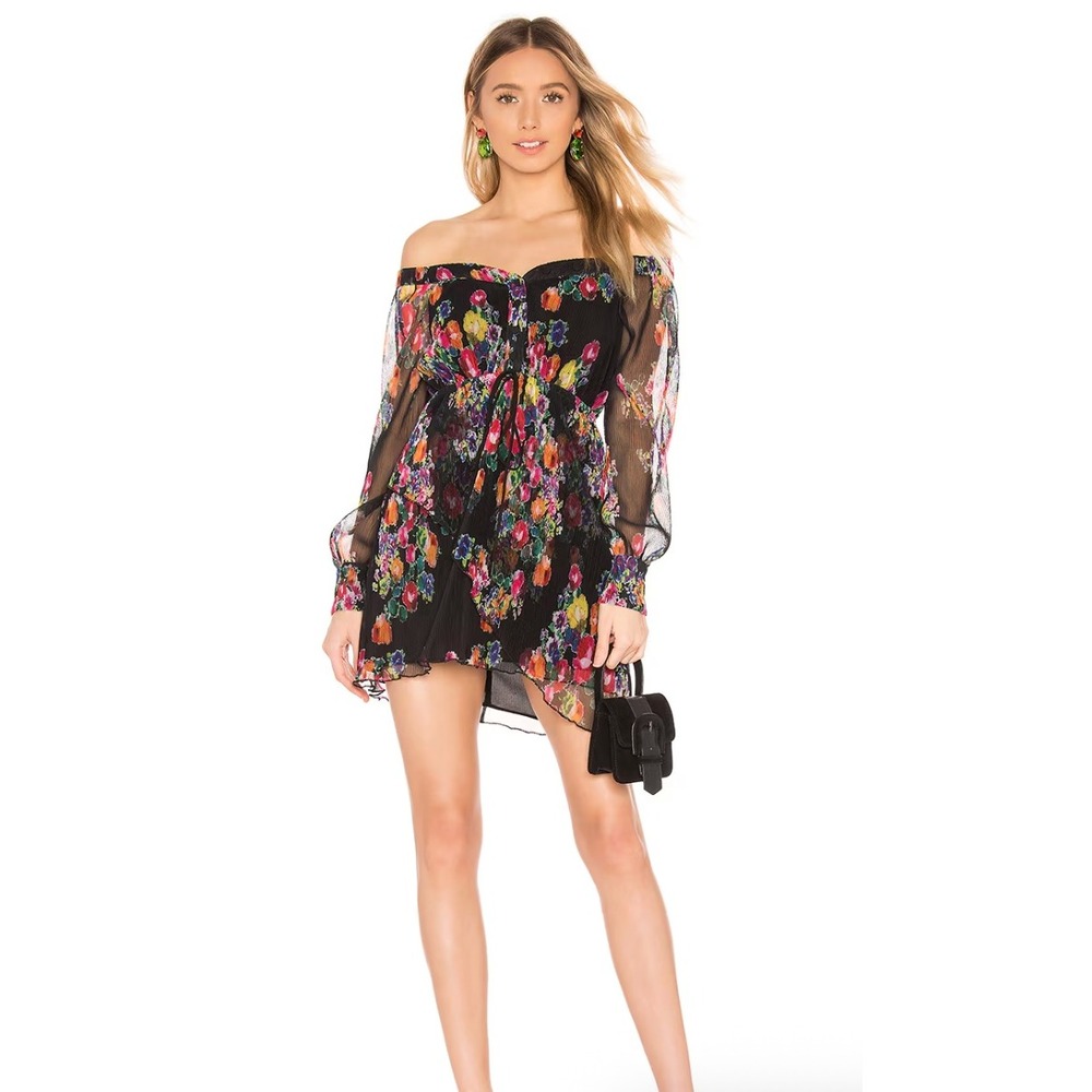 Michael Costello x REVOLVE Floral Off Shoulder Pleated Dahlia Mini Dress Black - Picture 9 of 9